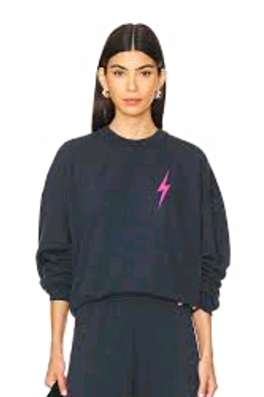 Aviator Nation Bolt 2 Neon Pink Bolt Relaxed Crew Sweatshirt Blue Gray XS